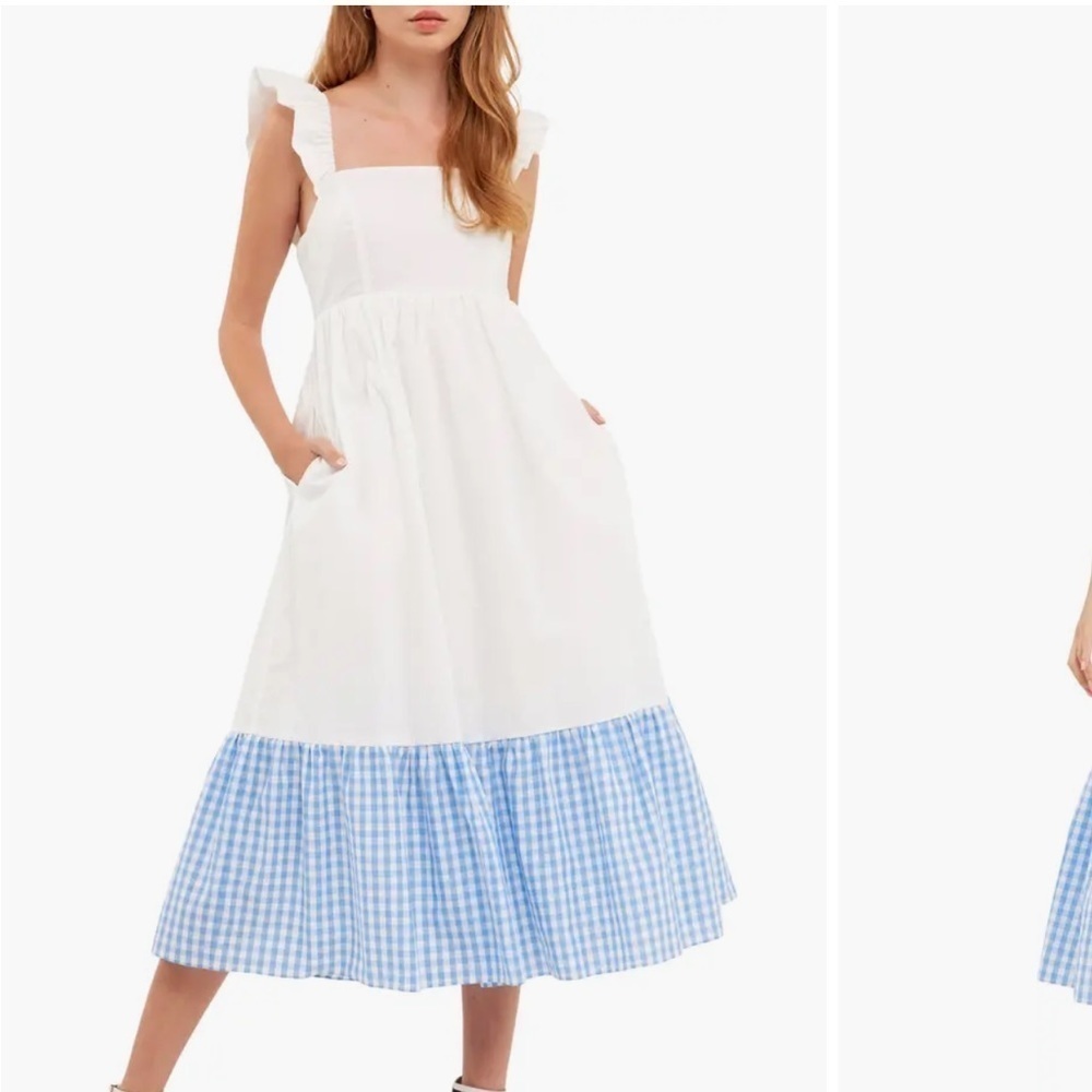 Tuckernuck English Factory Gingham Ruffle Cotton Sundress Blue White Dress Sz S